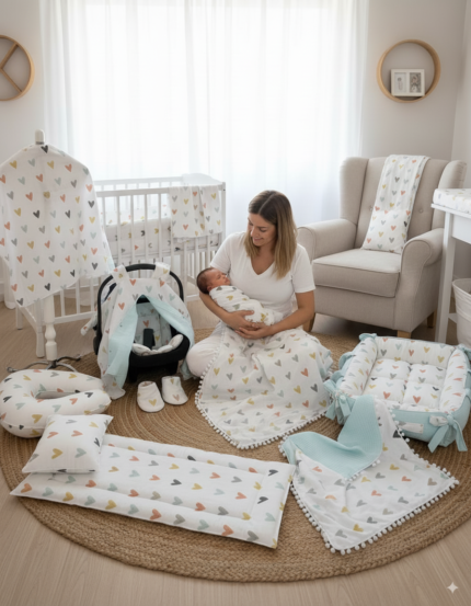 14 Parça Çift Katlı Set - Kalp Desen