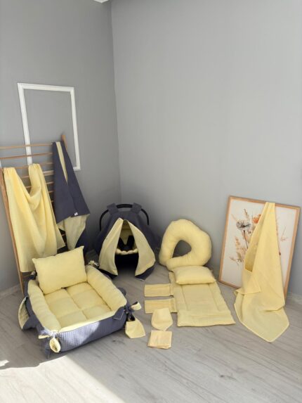 14 Parça Çift Katlı Çift Kullanımlı Set(sarı müslin indigo pike)